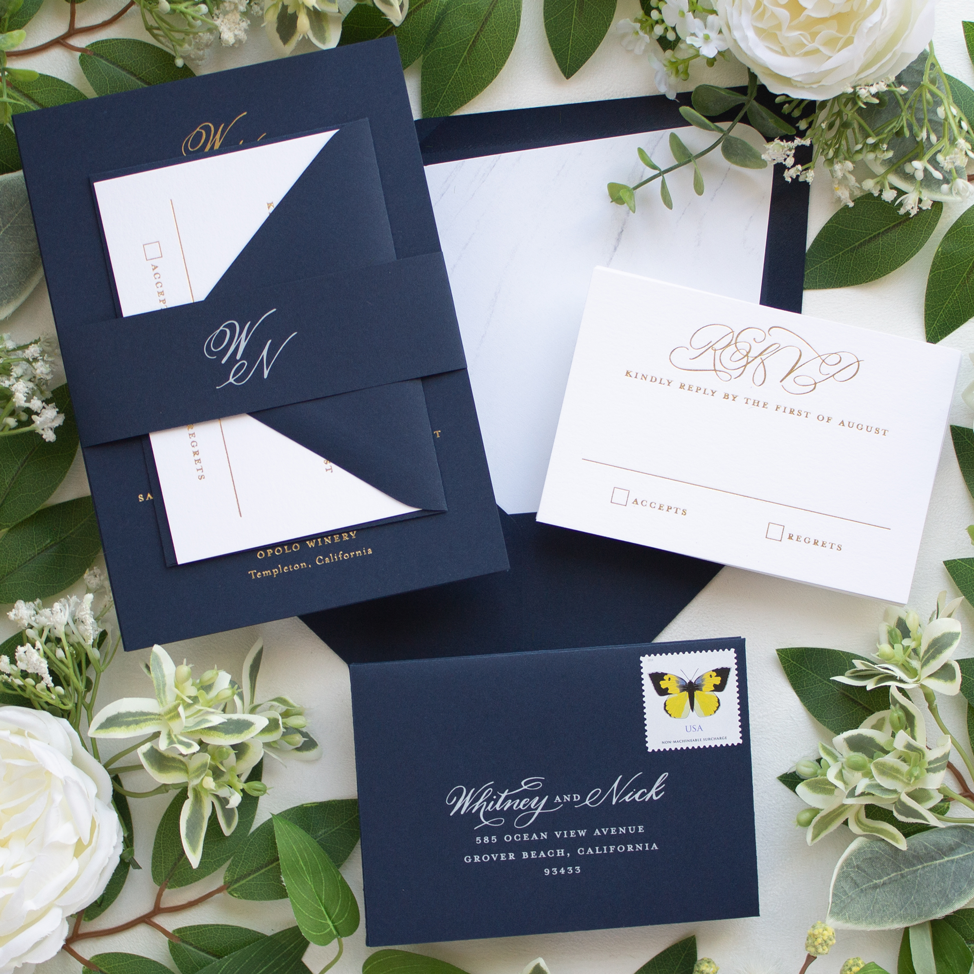 navy and gold calligraph wedding invitation suite