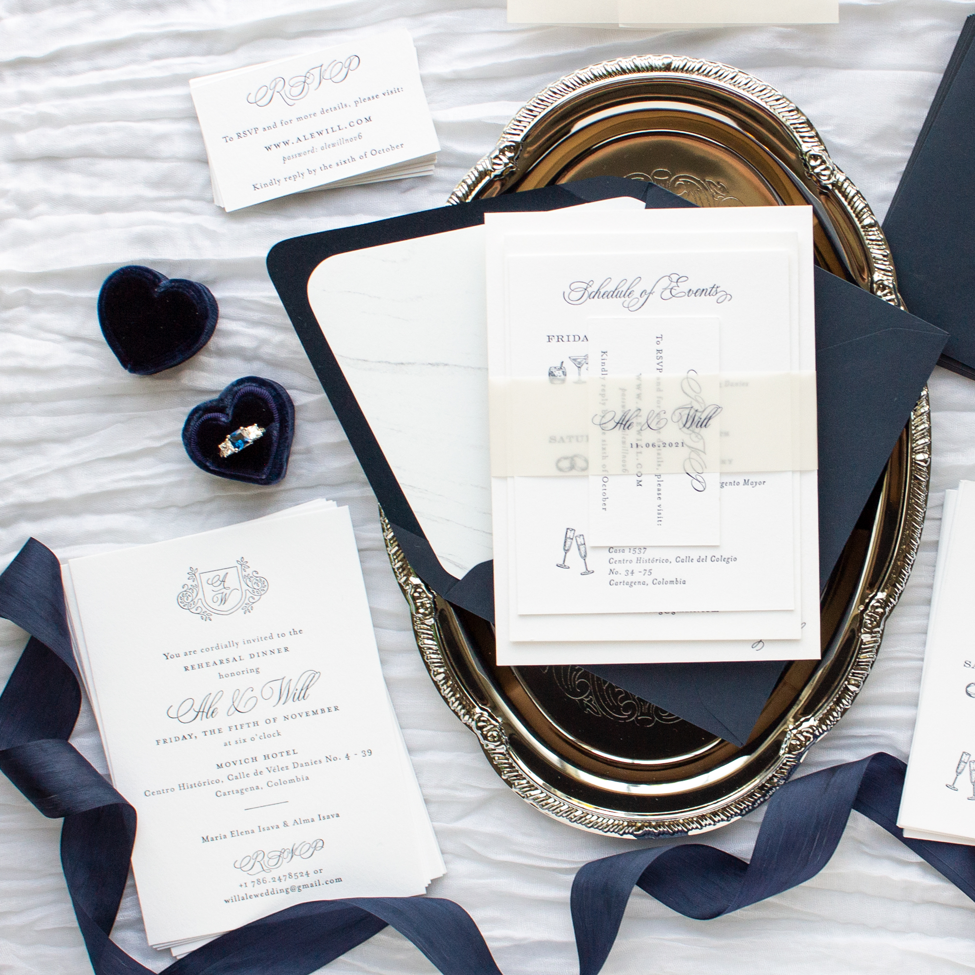 navy blue and white wedding invitations
