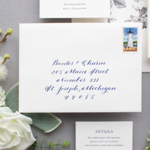 navy blue hand calligraphy wedding envelopes