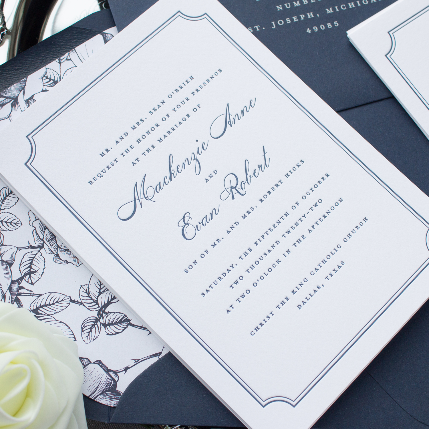 navy letterpress wedding invitations with border