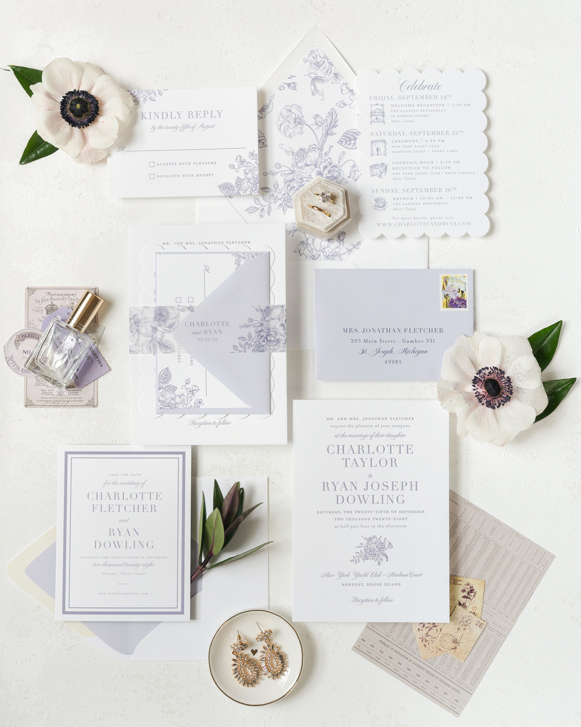 Newport wedding invitations in dusty lilac