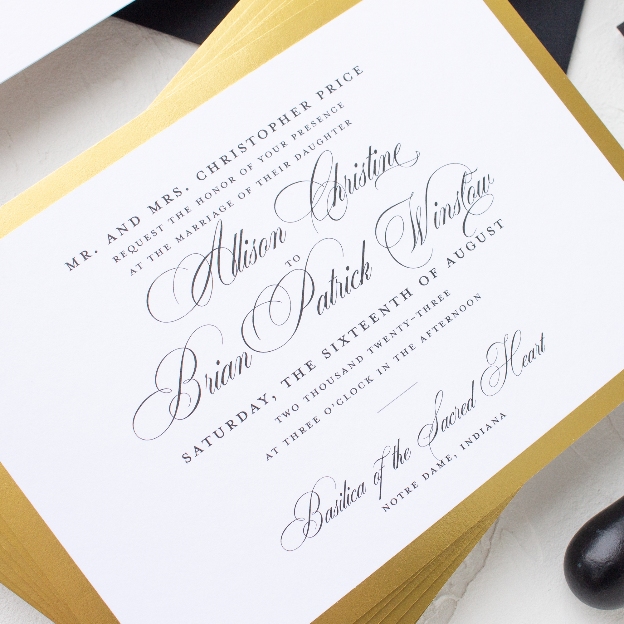 notre dame wedding invitations gold border