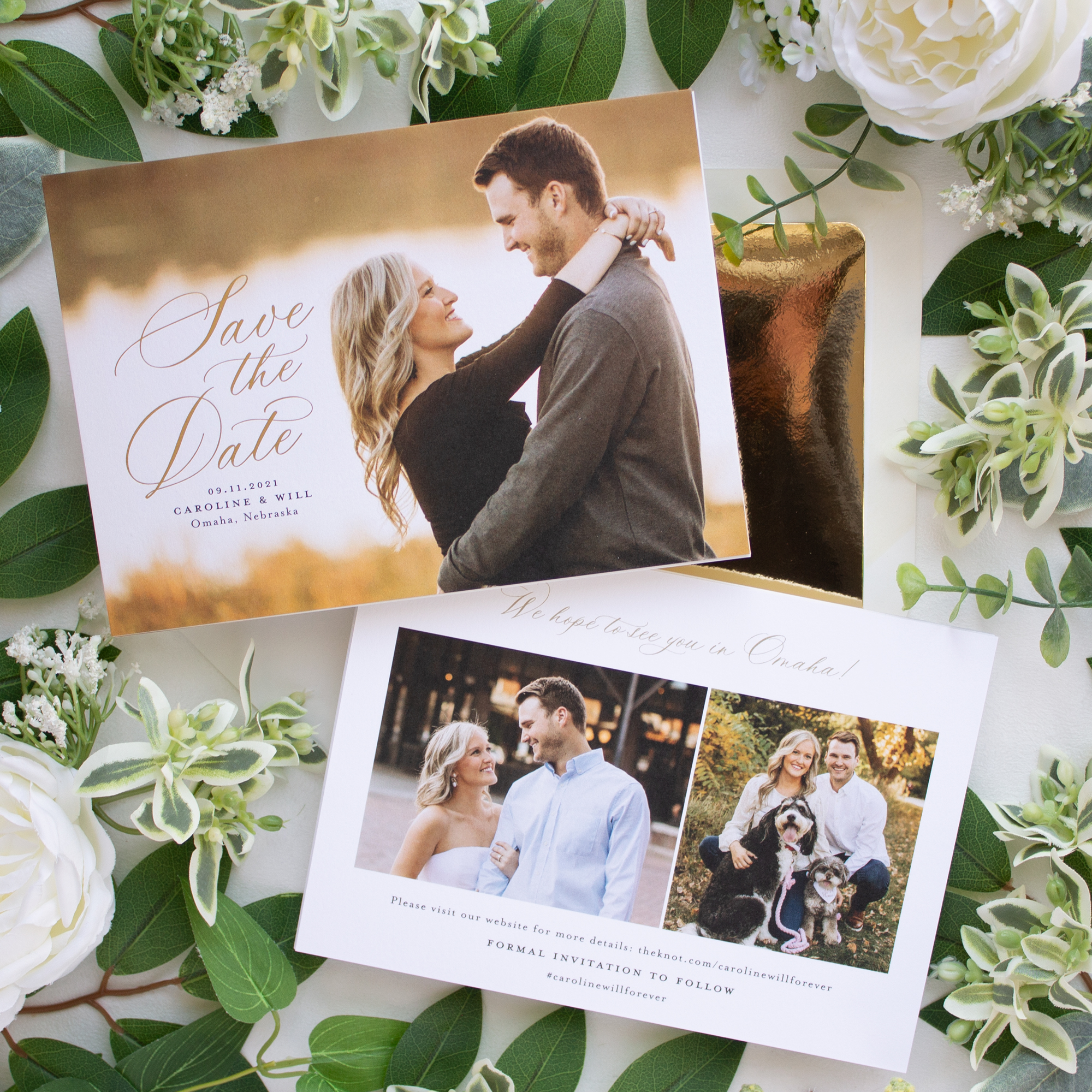 photo save the date with gold foil and backer with photos