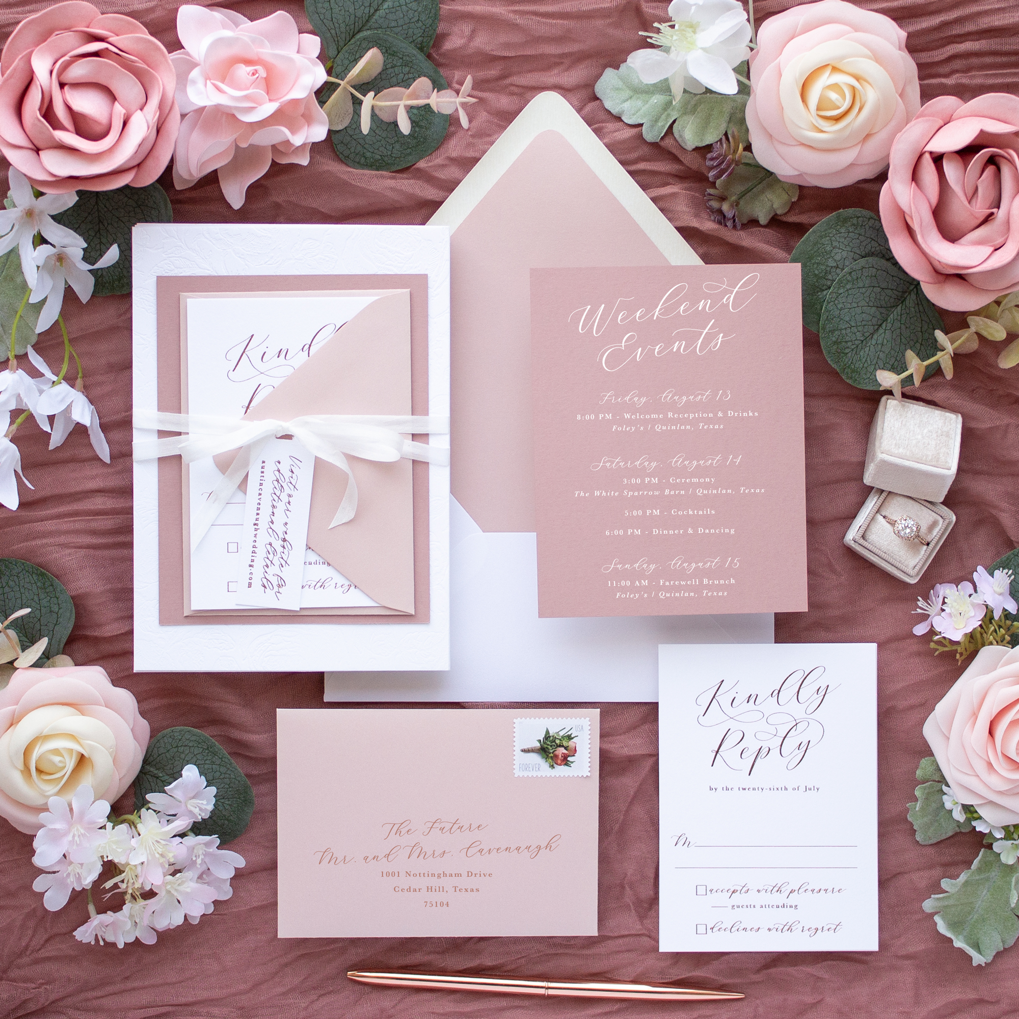 rose gold foil wedding invitation suite