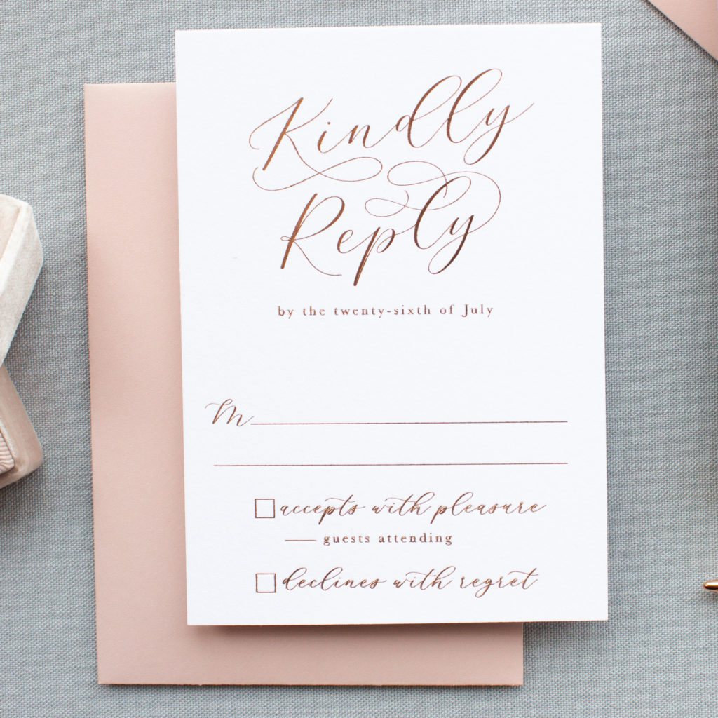 rose gold foil wedding reply card