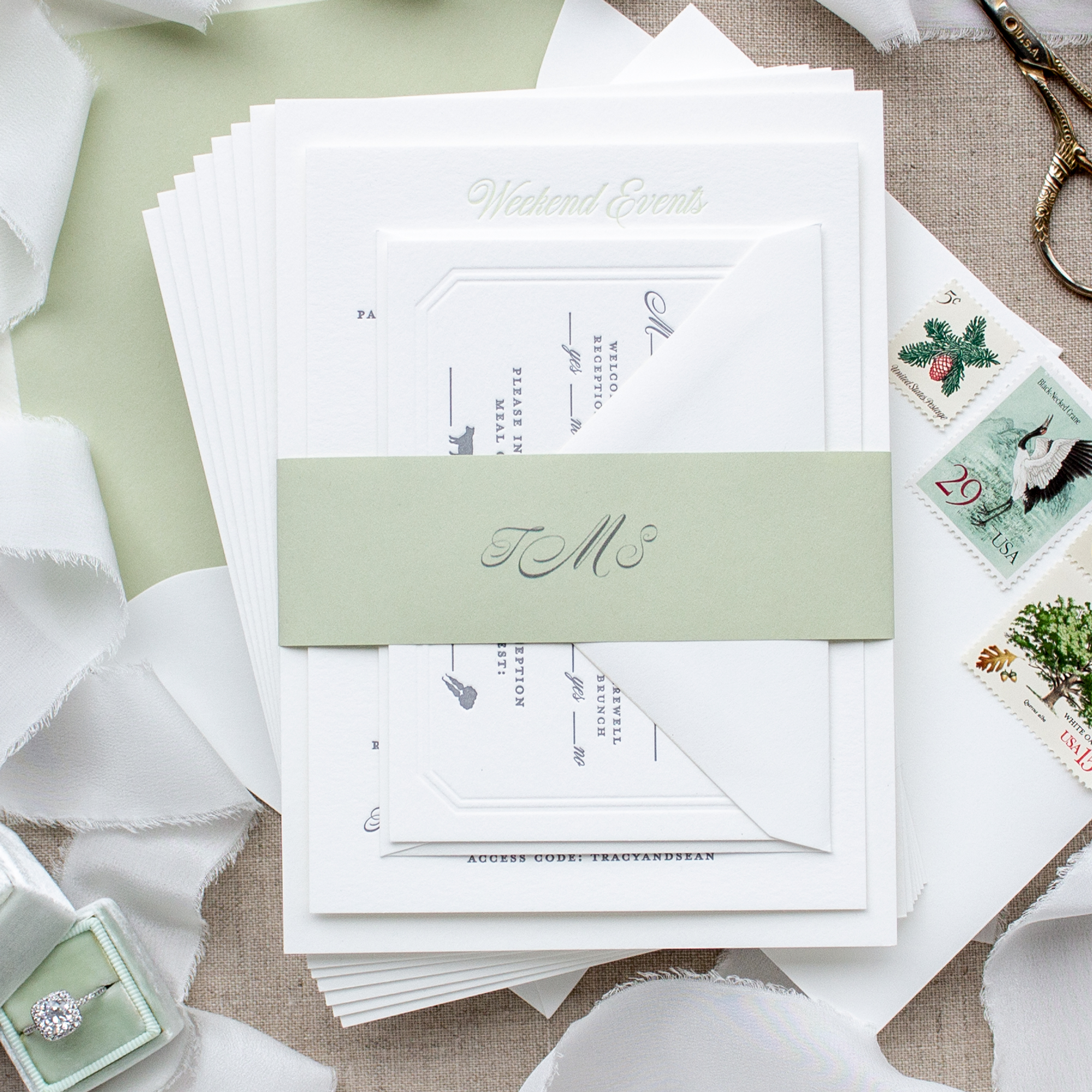 sage and gray letterpress invitations