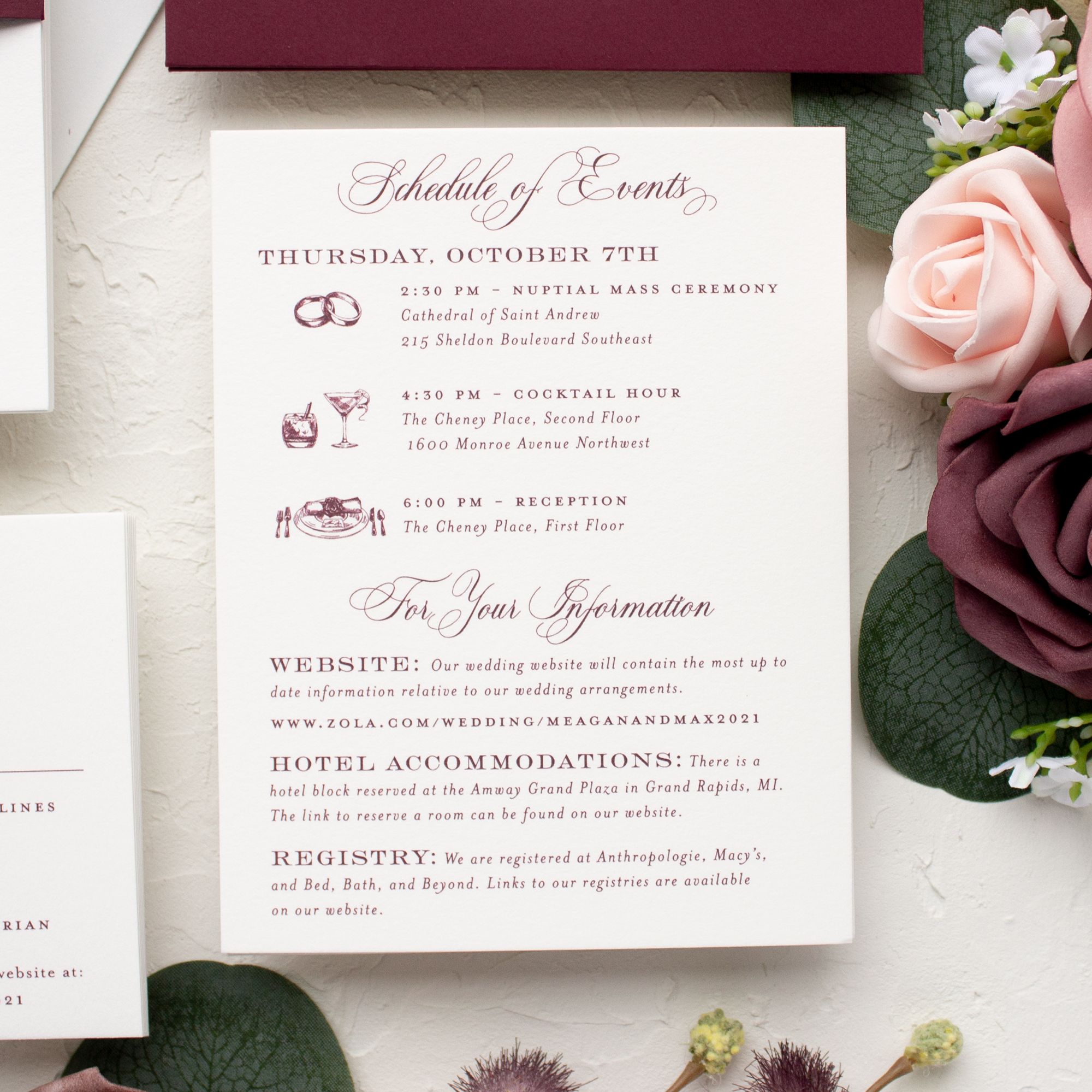 schedule of events wedding itinerary card
