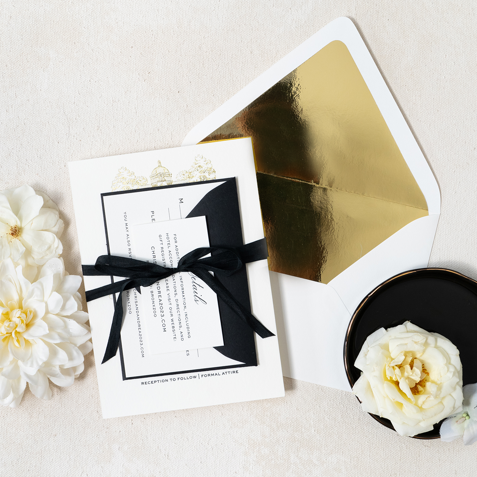 silk ribbon bow gold foil wedding invitation