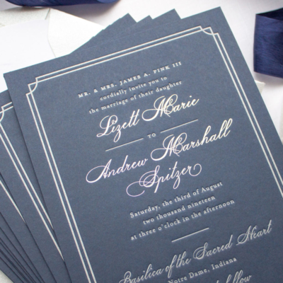Silver foil and navy custom wedding invitations