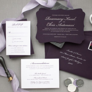 Silver foil and eggplant invitation suite