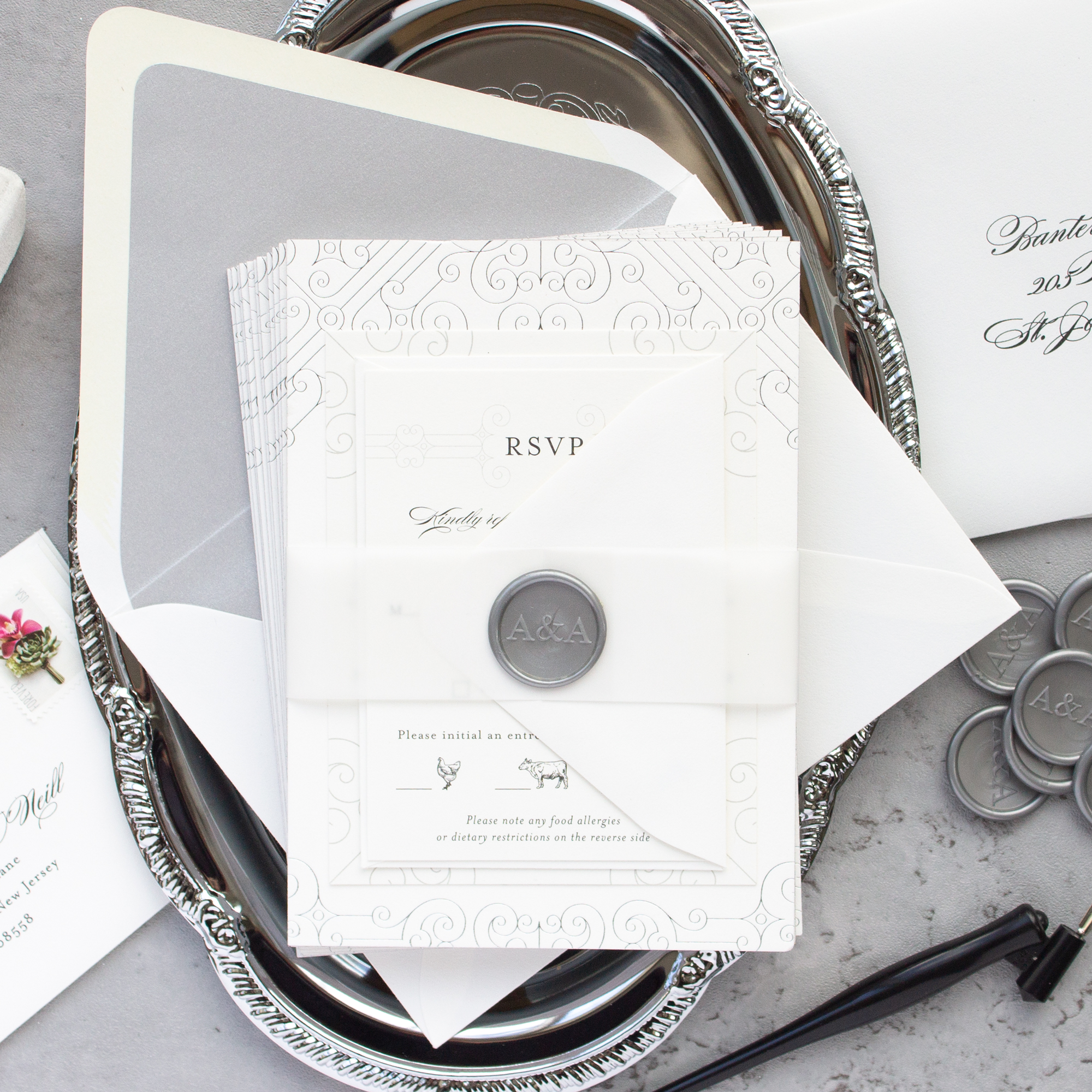 silver wax seal wedding invitations
