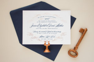 coper foil and navy wedding invitations
