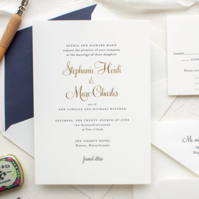 Gold foil and navy letterpress wedding invitations