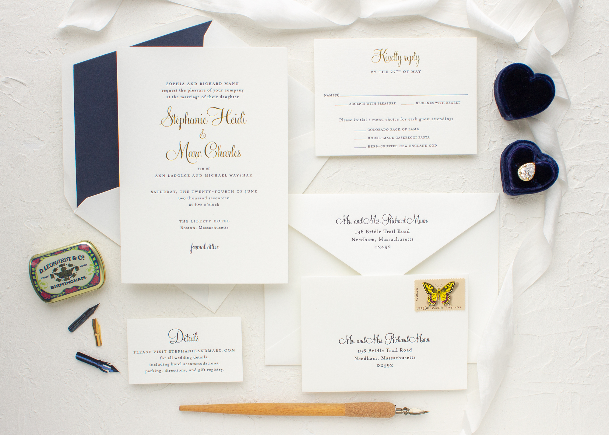 Gold and navy custom invitation suite