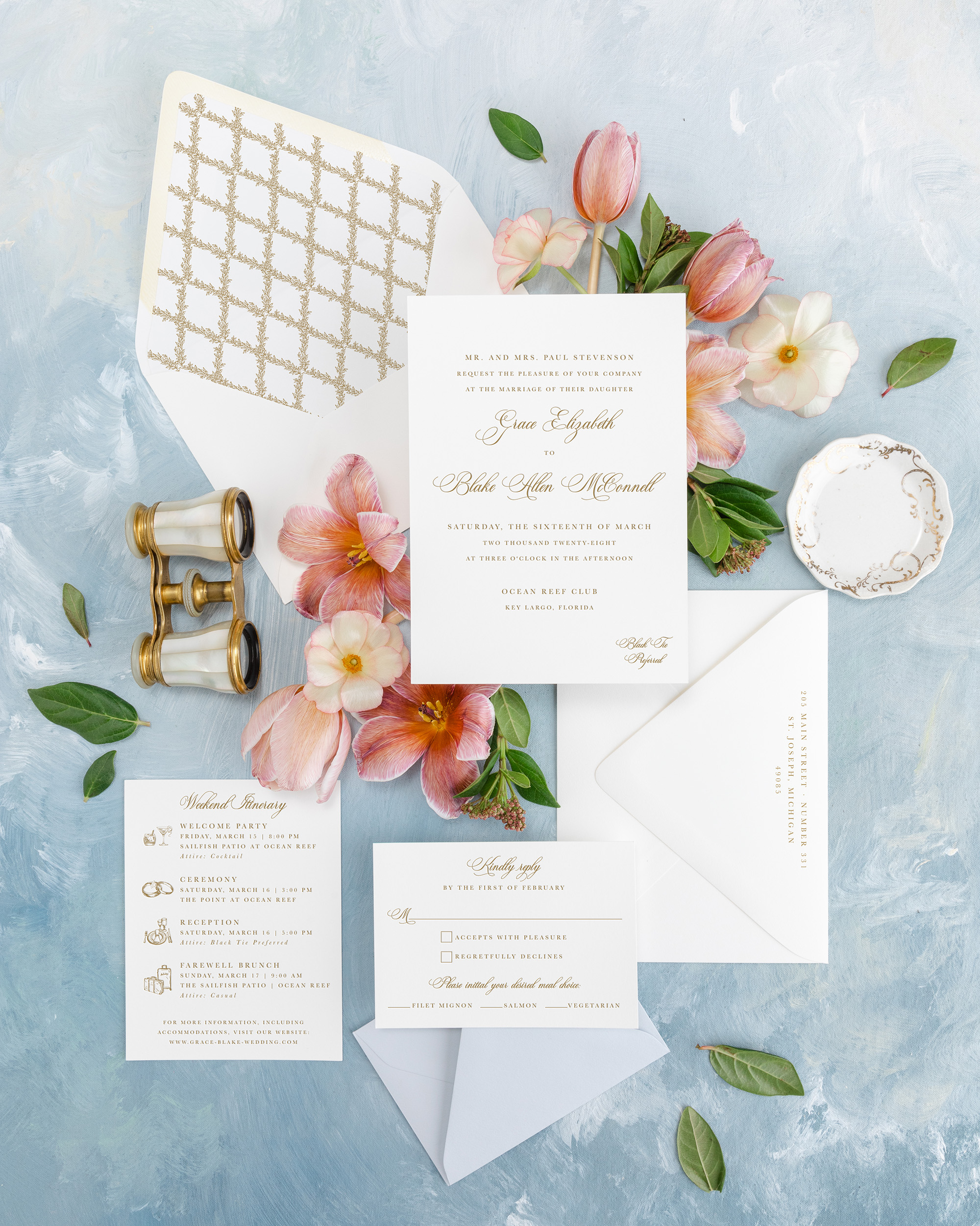 formal gold letterpress wedding invitation suite