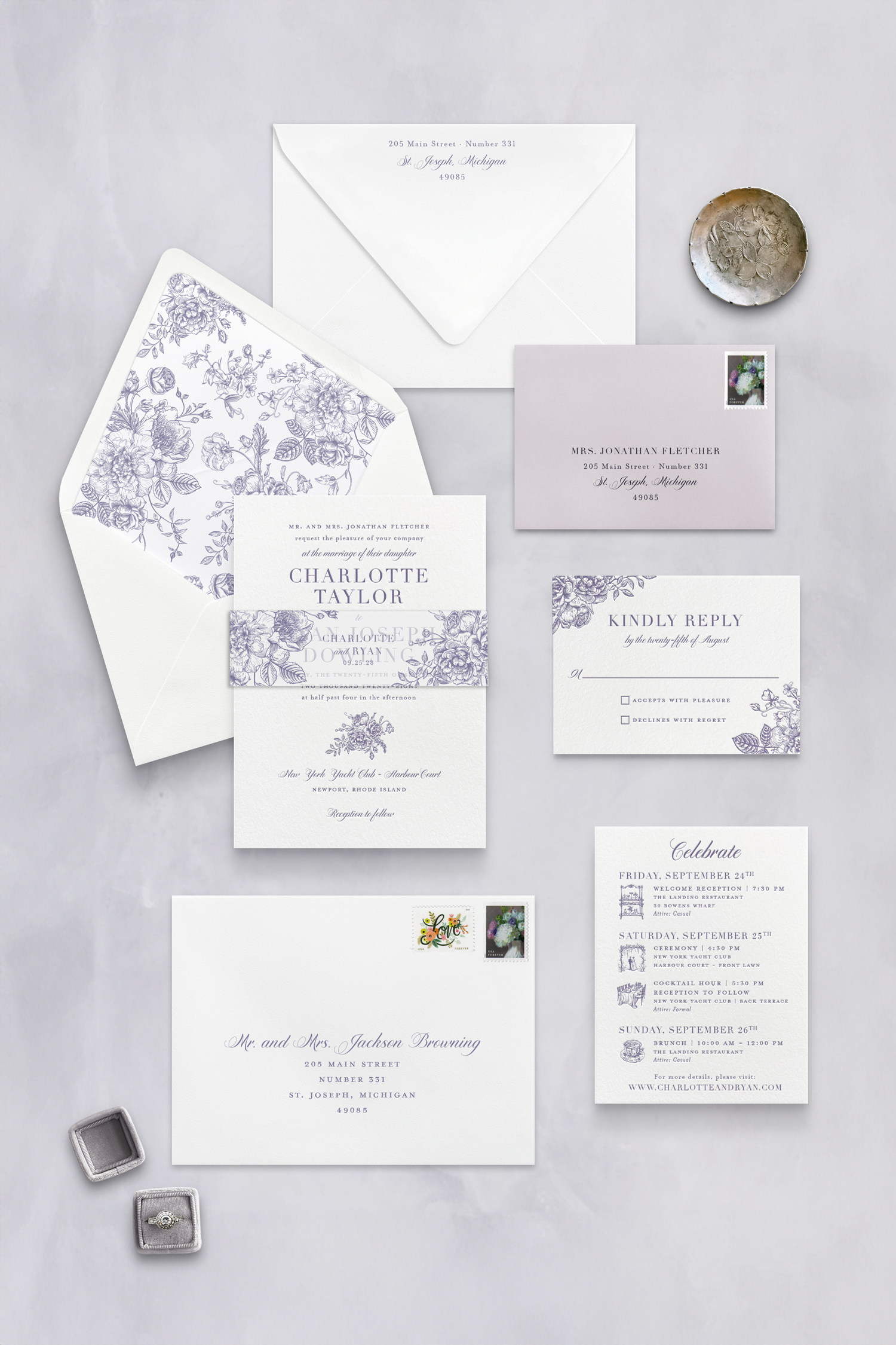 classic invitation suite with printed vellum belly band