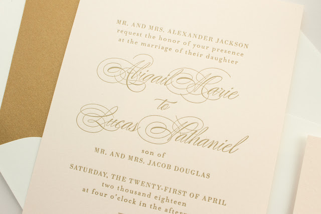 Metallic Gold and Pink Letterpress Wedding Invitations