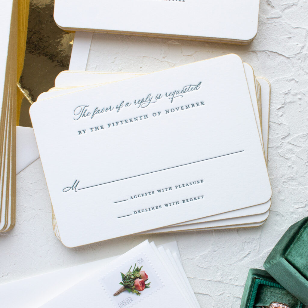 traditional wedding rsvp card in letterpress