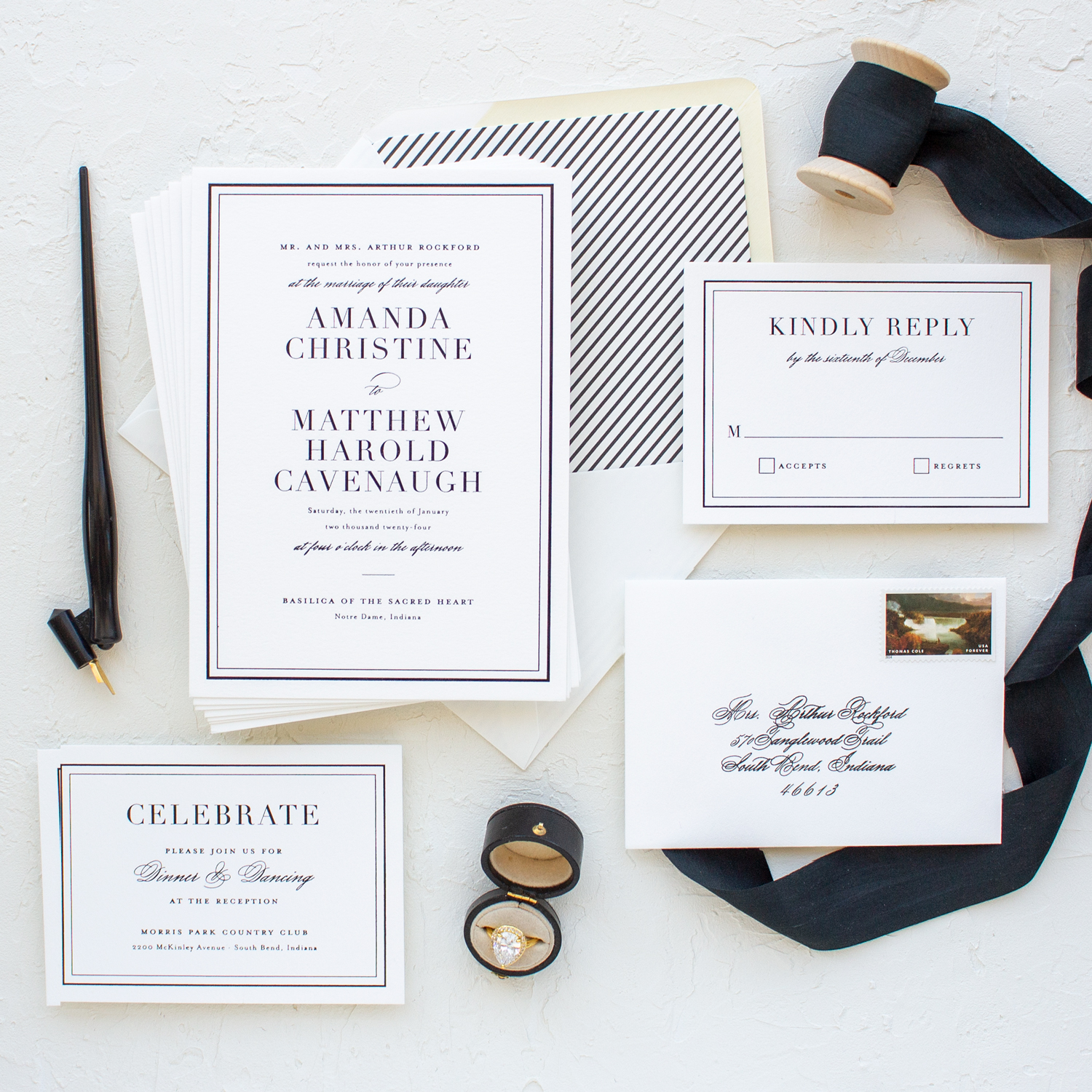 Classic Wedding Invitations for Notre Dame Brides SAMPLE Classic Border Black Foil Stamp Invitations for Formal Weddings