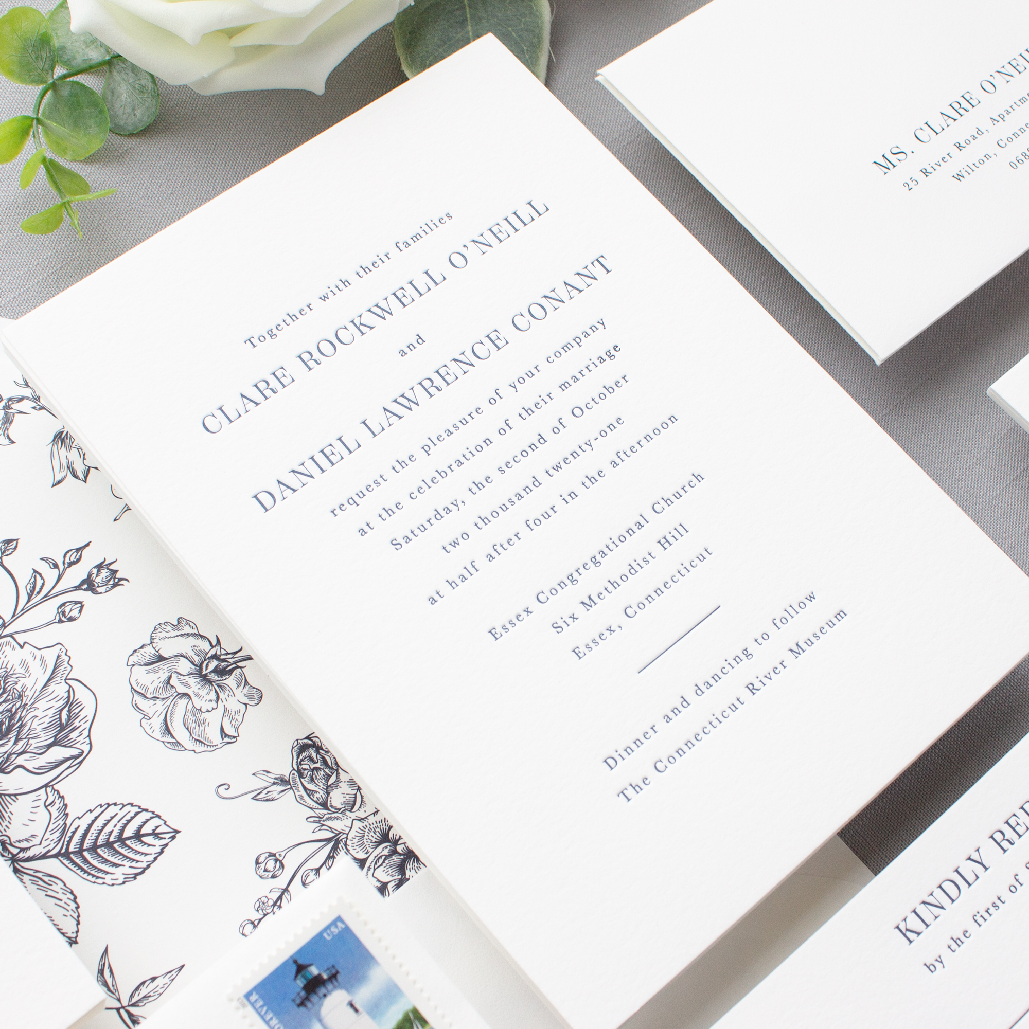 typographic wedding invitation navy letterpress