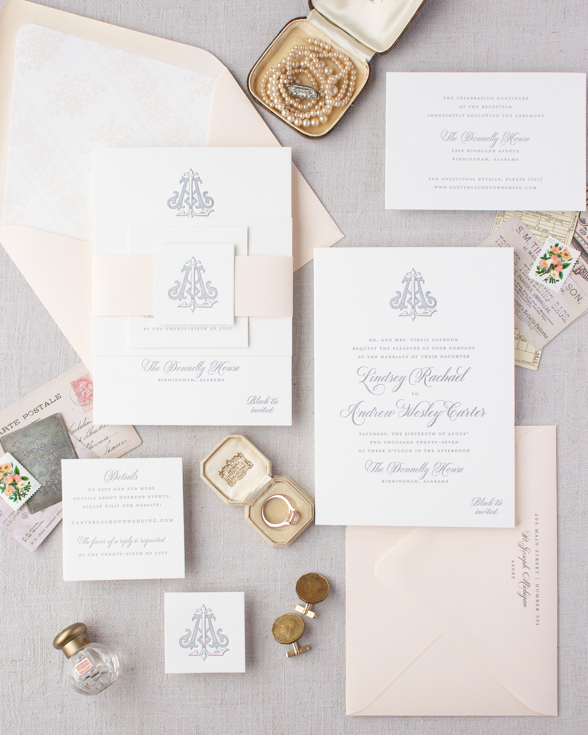 Vintage monogram belly band invitation suite