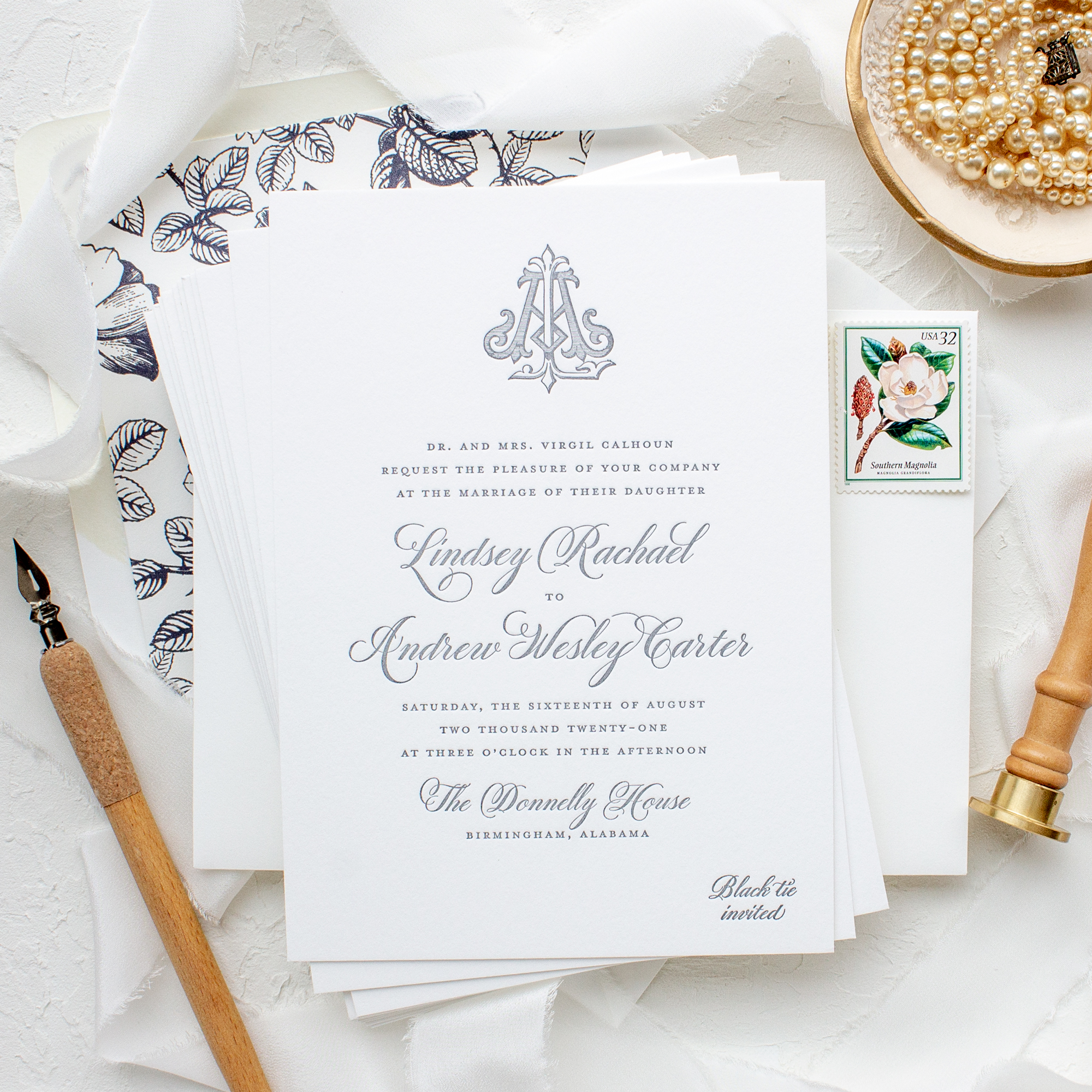 vintage monogram letterpress wedding invitations