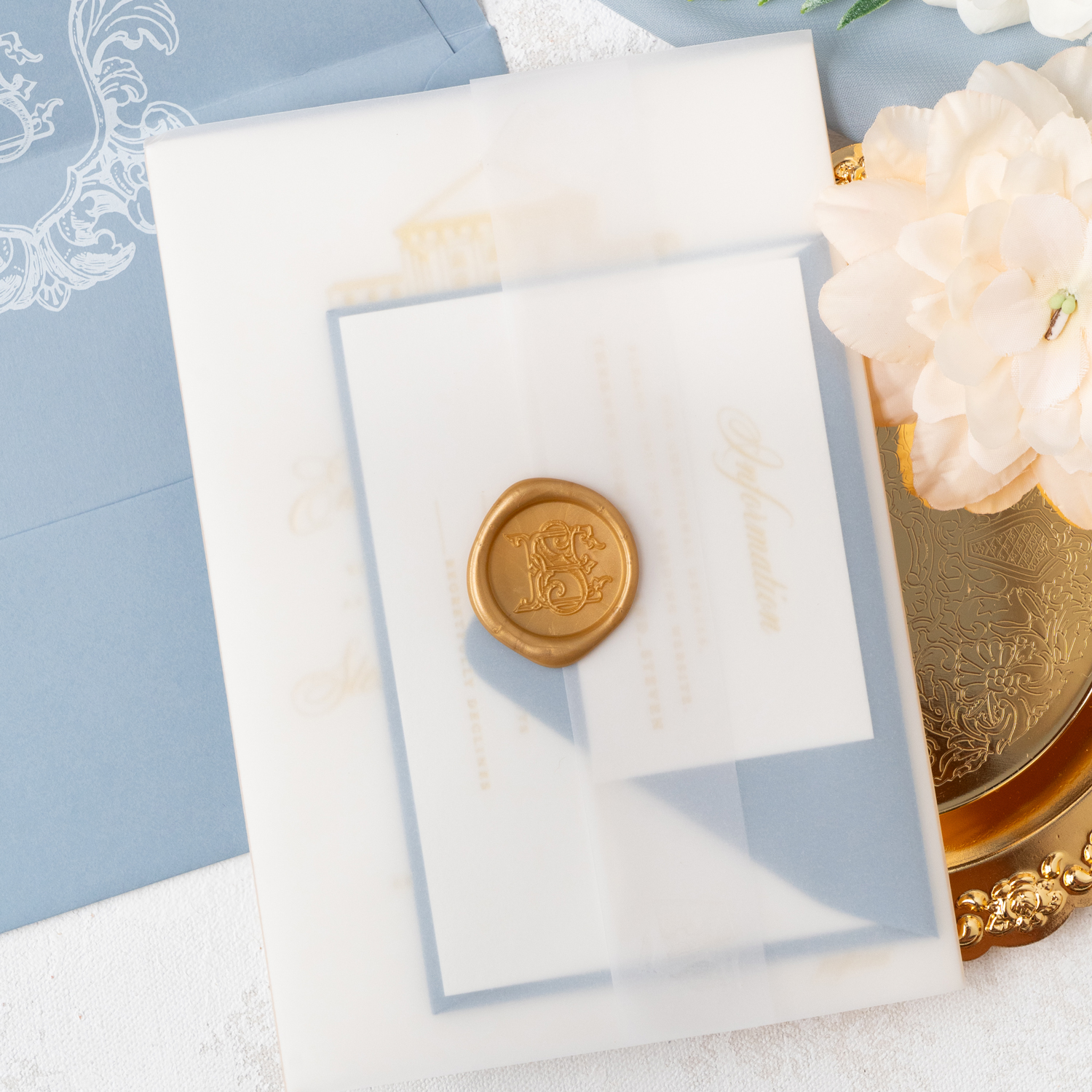 wax seal monogram vellum wedding invitation