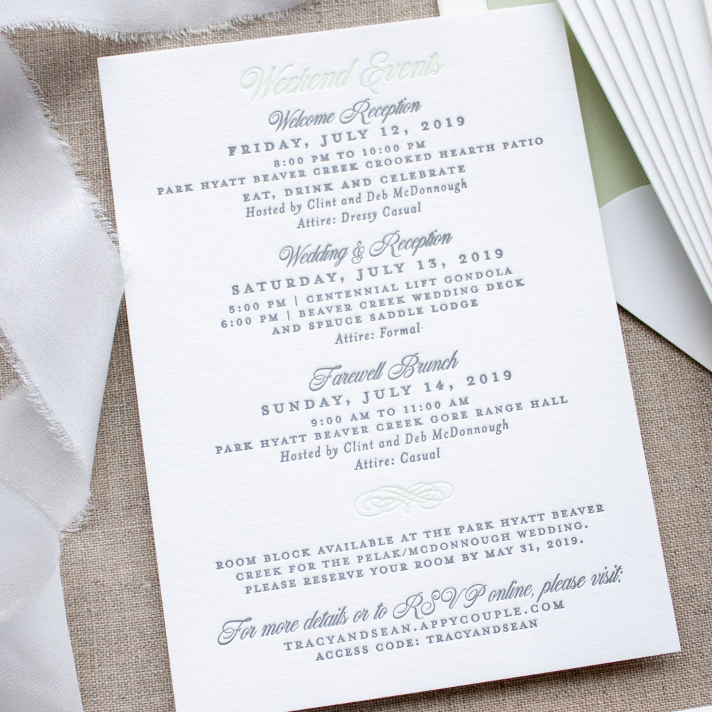Weekend events insert card with wedding itinerary