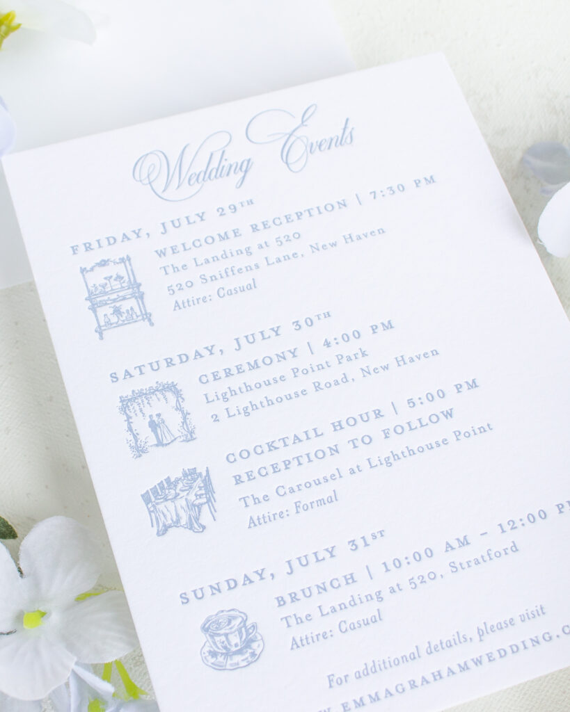 weekend events wedding itinerary card