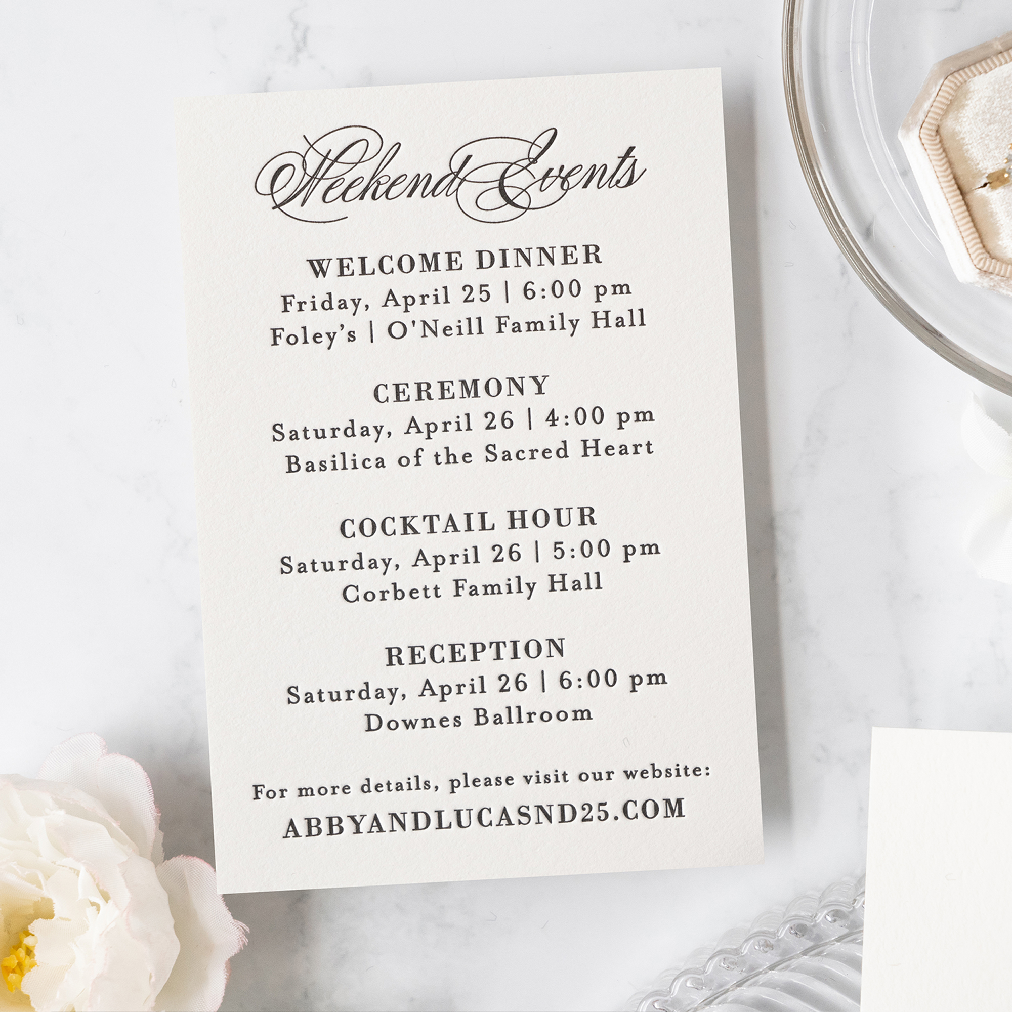 weekend events wedding schedule card
