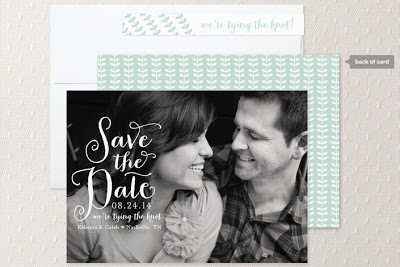 calligraphy save the date in pool blue with full bleed photo
