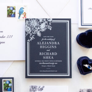 white and navy save the date card